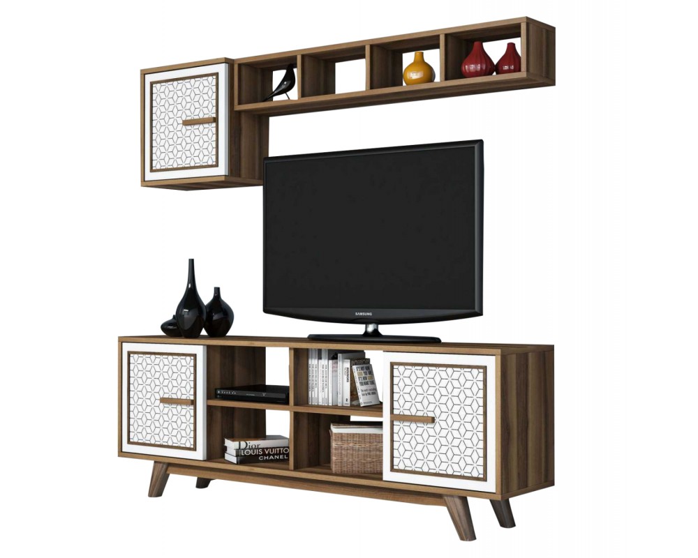 TV FURNITURE SET HM9513.03 MELAMINE IN WALNUT AND WHITE 160x35x56.2Hcm. ТВ шкаф 1303 - орех/бял - ТВ Шкафове