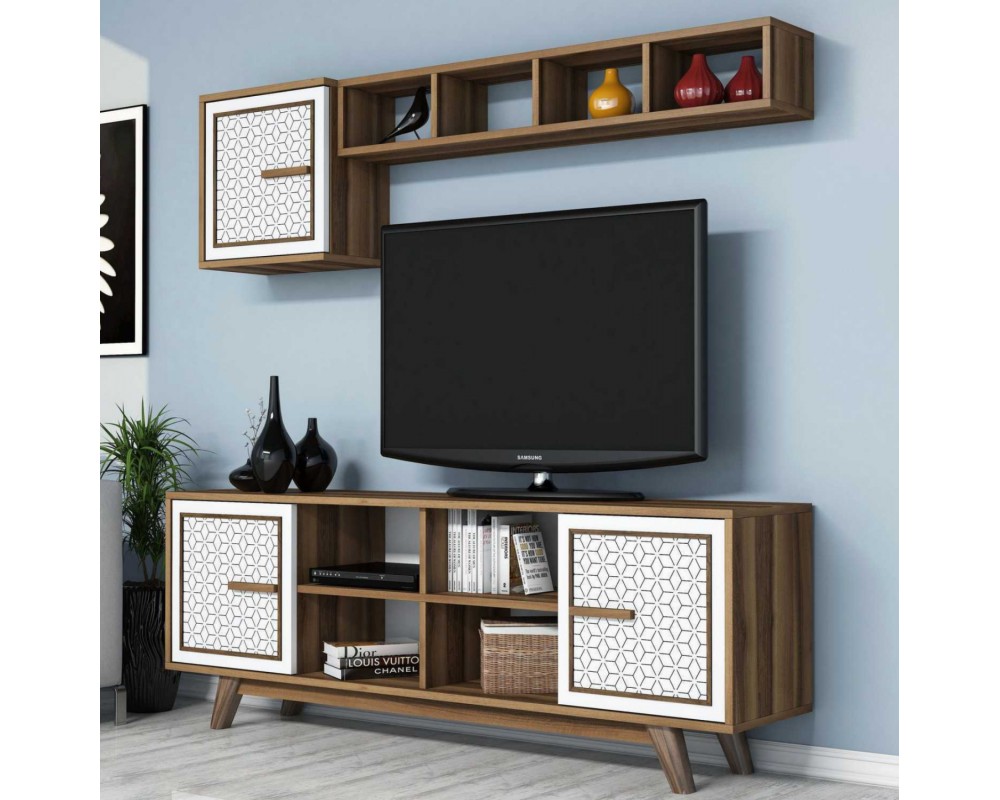 TV FURNITURE SET HM9513.03 MELAMINE IN WALNUT AND WHITE 160x35x56.2Hcm. ТВ шкаф 1303 - орех/бял - ТВ Шкафове