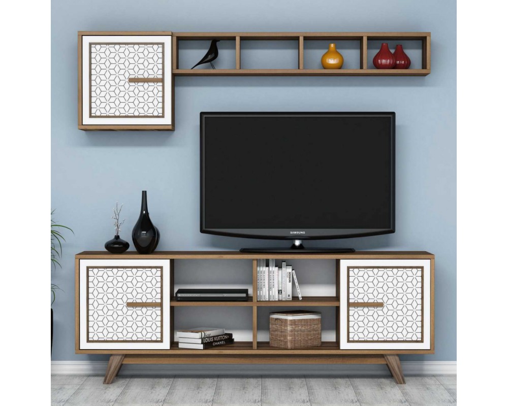 TV FURNITURE SET HM9513.03 MELAMINE IN WALNUT AND WHITE 160x35x56.2Hcm. ТВ шкаф 1303 - орех/бял - ТВ Шкафове