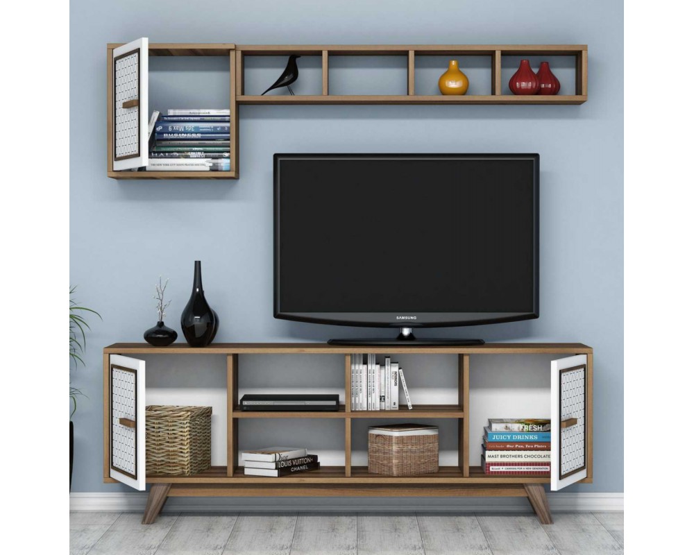 TV FURNITURE SET HM9513.03 MELAMINE IN WALNUT AND WHITE 160x35x56.2Hcm. ТВ шкаф 1303 - орех/бял - ТВ Шкафове