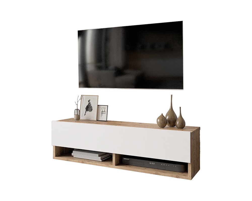Тв шкаф 1731 за стена в бял цвят и дъб 100x31.5x29.5cm - ТВ Шкафове