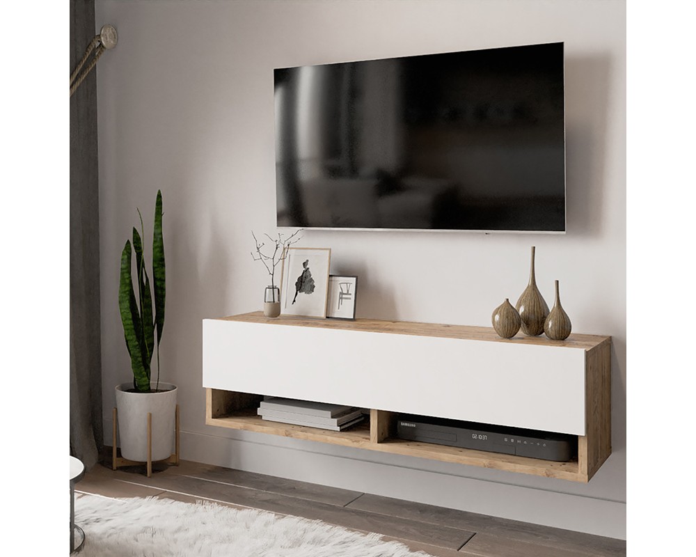 Тв шкаф 1731 за стена в бял цвят и дъб 100x31.5x29.5cm - ТВ Шкафове