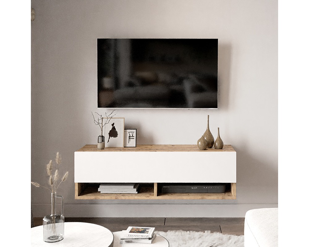 Тв шкаф 1731 за стена в бял цвят и дъб 100x31.5x29.5cm - ТВ Шкафове